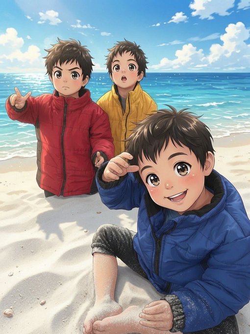 An anime-style illustration shows three young boys in colorful jackets playing on a sandy beach with the ocean and a cloudy blue sky in the background.