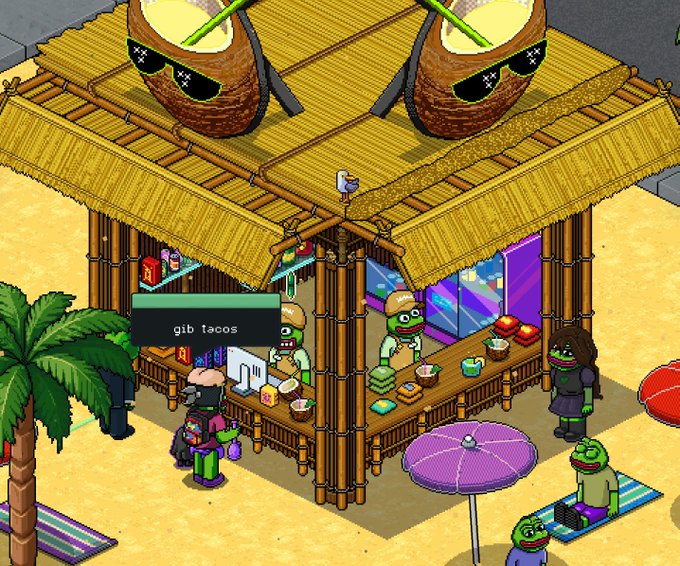 A pixel art scene shows a tropical beach tiki hut with the label 'gib tacos', featuring cartoon turtle customers and food on the counter.