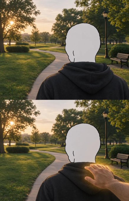 A two-panel illustration shows a faceless person from behind in a park path; in the lower panel, a hand reaches toward the person’s shoulder in warm sunlight.