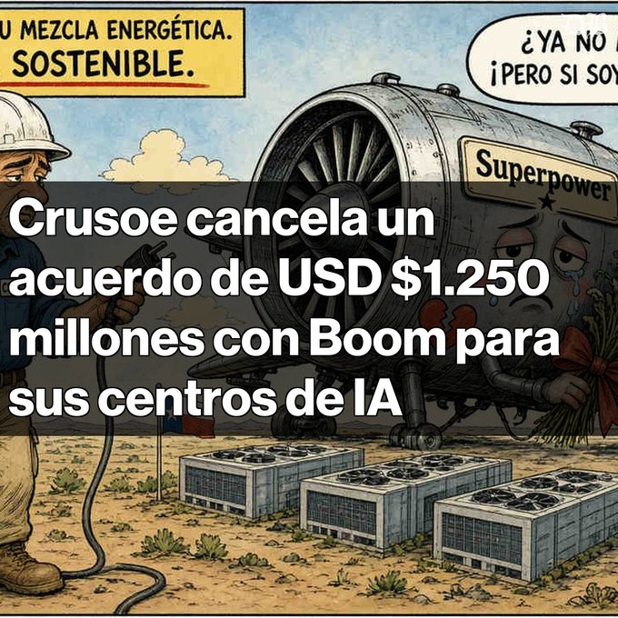The image is a satirical illustration showing a distressed anthropomorphized jet engine labeled "Superpower" with a tearful face, standing in a barren landscape next to a small data center building, while a worker in a hard hat appears to disconnect equipment, with text overlay reading "Crusoe cancela un acuerdo de USD $1.250 millones con Boom para sus centros de IA" — visually representing Boom's canceled $1.25 billion deal with Crusoe for AI data centers, capturing the disappointment expressed in the post about losing their initial client.