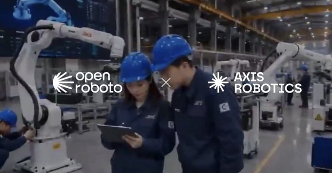 An industrial setting shows two workers in blue hard hats and uniforms looking at a tablet, with logos for 'open roboto' and 'AXIS ROBOTICS' displayed alongside robotic arms in a factory.