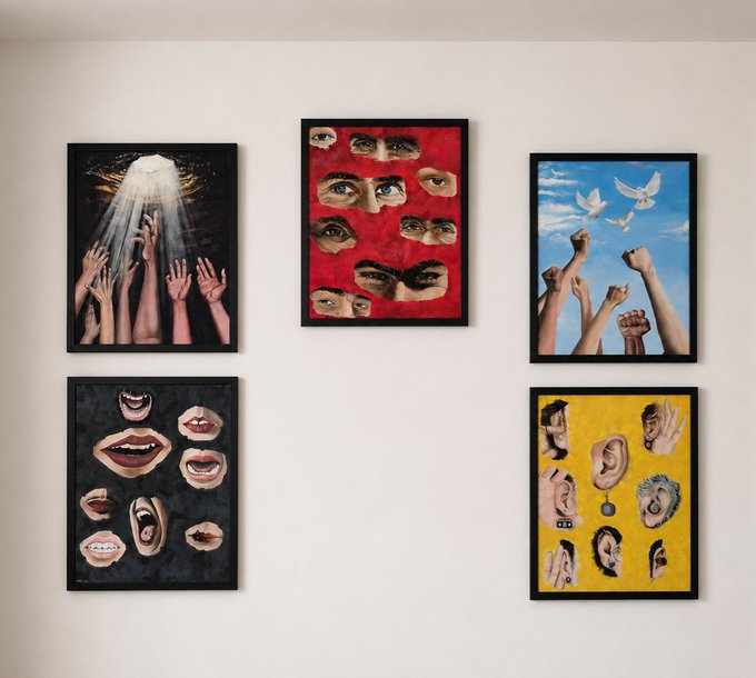 Five framed surrealist artworks hang on a white wall, each depicting collage-style collections of dismembered human features: hands reaching toward a beam of light, eyes on a red background, fists raised toward doves, mouths on black, and ears and eyes on yellow. The "gm" (good morning) post fits the surrealist theme by greeting the day with these dreamlike, body-fragment pieces that evoke a strange, uncanny morning reverie.