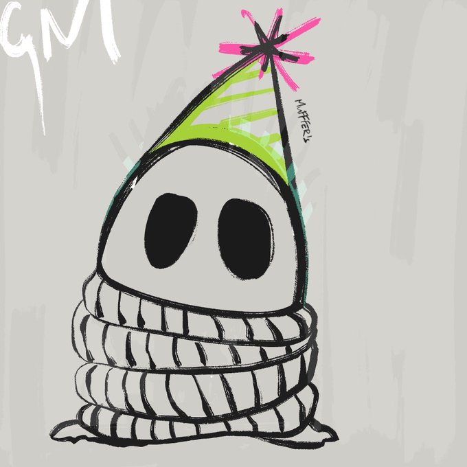 A cartoon drawing of a small white ghost-like character wearing a green party hat with a pink flower, wrapped in a striped scarf, signed 'Naffera' with 'GM' written in the corner.