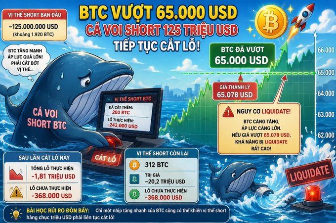 A Vietnamese cryptocurrency infographic about Bitcoin, featuring a cartoon whale and the headline 'BTC VƯỢT 65.000 USD CÁ VOI SHORT 125 TRIỆU USD TIẾP TỤC CẮT LỖ', showing a liquidation price at 65,078 USD.