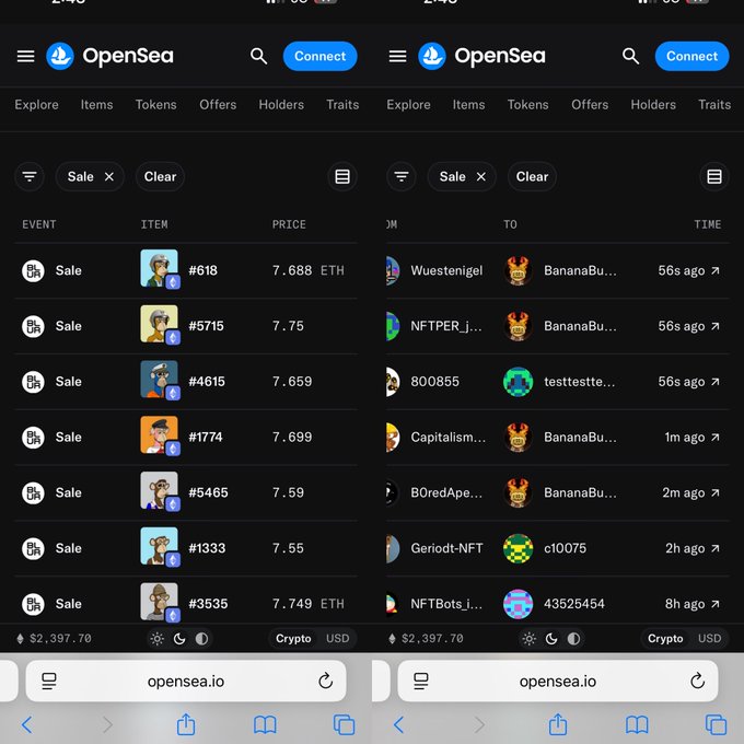 Two side-by-side screenshots from the OpenSea website showing transaction activity, with item sales on the left listing prices like "7.688 ETH" and right-side activity showing transactions involving Bored Ape and other NFT collections.