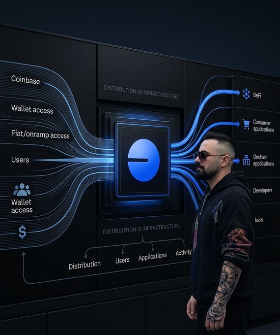 A person standing in front of a large digital display showing a Base ecosystem diagram with 'DISTRIBUTION IS INFRASTRUCTURE' and connections to Coinbase, Wallet access, and DeFi.