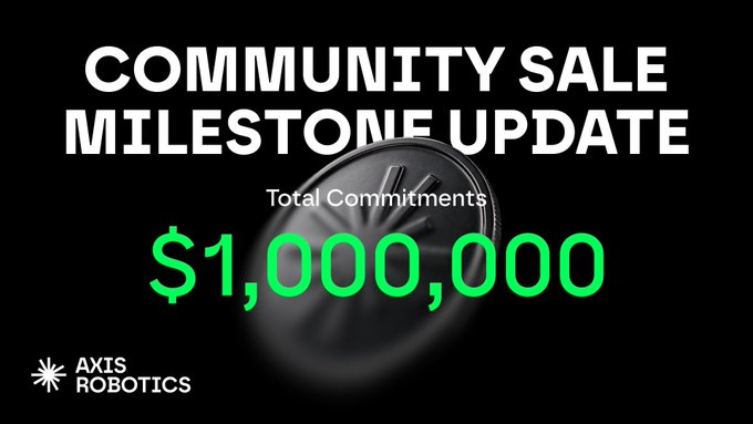 A promotional graphic titled 'COMMUNITY SALE MILESTONE UPDATE' from Axis Robotics showing 'Total Commitments $1,000,000' against a black background with a coin image.