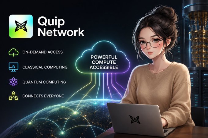 An advertisement for 'Quip Network' featuring a woman with a laptop, highlighting on-demand classical and quantum computing access.