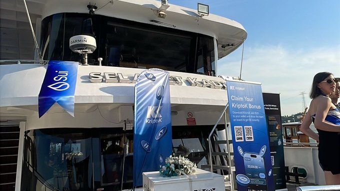 The image shows a large white boat with blue banners hanging from its side, giving it a festive appearance. The boat has a sign that reads "Welcome to your Anki Bonuses". In front of the boat, there are two people standing near a table covered in flowers and a vase. A woman is also present on the boat's deck.