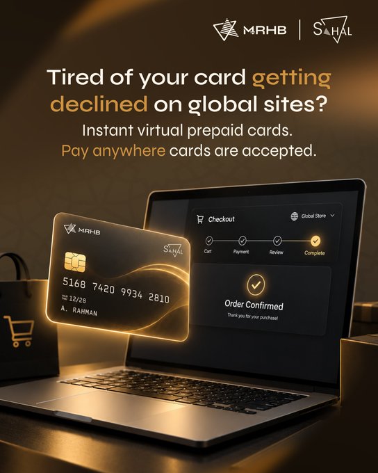 MRHB SAHAL advertisement showing a virtual prepaid card next to a laptop with "Order Confirmed" on screen, offering a solution for declined card payments on global sites.