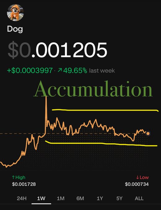 A cryptocurrency chart for a token named 'Dog' showing a current price of $0.001205, a weekly increase of 49.65%, and the word 'Accumulation' overlaid on an orange trend line.