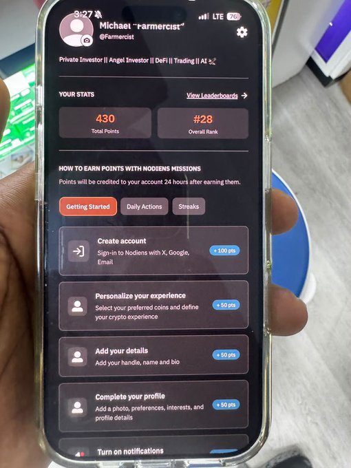 The image shows a smartphone displaying the Nodiens app interface for user "Michael -'ramericist'" with 430 total points and an overall rank of #28, showcasing various point-earning tasks like creating an account (+100 pts) and personalizing the experience (+50 pts). This relates to the post by highlighting how Nodiens serves as an all-in-one Web3 research platform that consolidates the usual fragmented research tools into a single app with gamified reward points for user engagement.