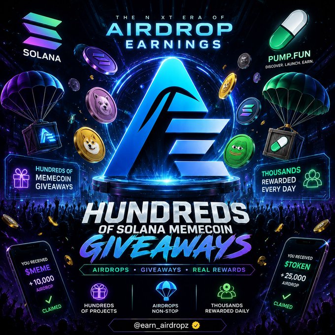A vibrant promotional graphic for 'The Next Era of Airdrop Earnings' featuring Solana and Pump.fun branding, advertising hundreds of Solana memecoin giveaways, airdrops, and real rewards with claimed examples of $MEME and $TOKEN air drops.