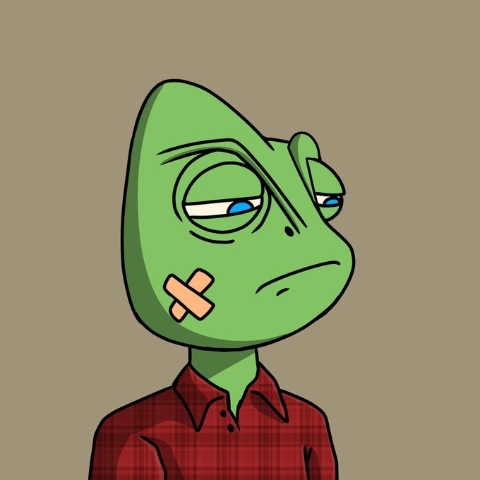 A cartoon illustration of a green frog-like character with a band-aid on its cheek, wearing a red plaid flannel shirt, looking tired and unenthused against a plain tan background—visually echoing the post's unenthusiastic "gm" vibe toward CT's NFT scene.