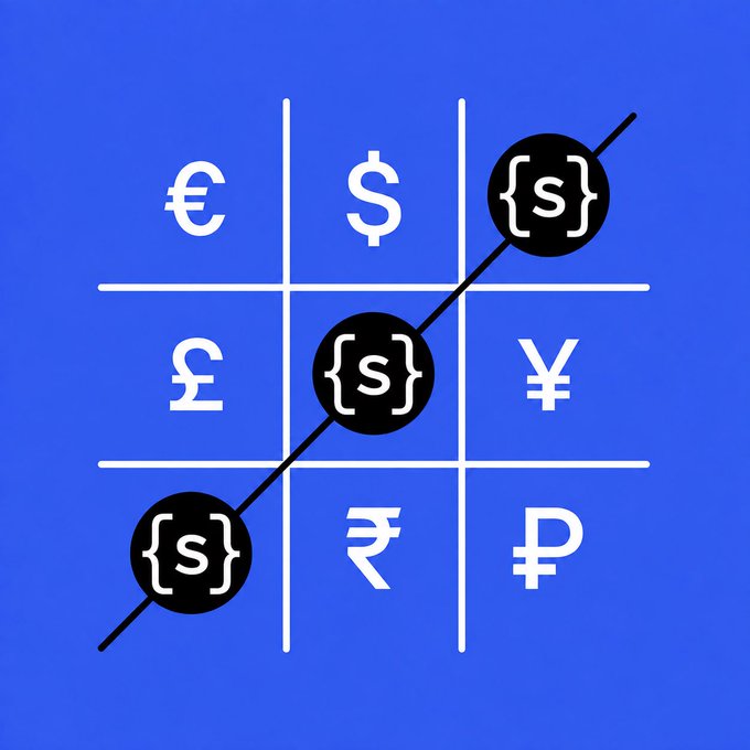 A blue graphic showing a tic-tac-toe grid filled with currency symbols (€, $, £, ¥, ₹, ₽), with three 'S' symbols connected by a diagonal line representing a win.