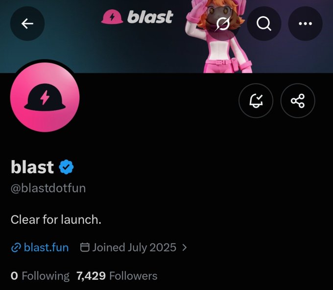A Twitter/X profile page for 'blast' (@blastdotfun), verified, with the bio 'Clear for launch.' and a link to blast.fun, showing 7,429 followers.