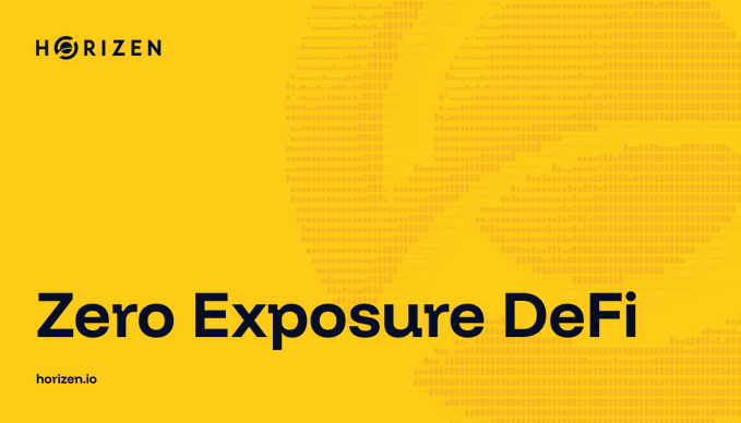 A promotional banner with a yellow background displaying 'HORIZEN' logo and the text 'Zero Exposure DeFi' along with the URL 'horizen.io'.