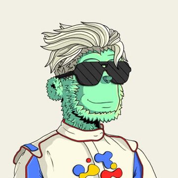 A green furry cartoon character with white hair, sunglasses, and a white jacket featuring colorful blobs appears as the profile picture, complementing the post's casual, celebratory tone about scoring NFT deals ("Biddumped a y00t" and "bought a DeGod") while enjoying beers at an indoor playground with the poster's son.