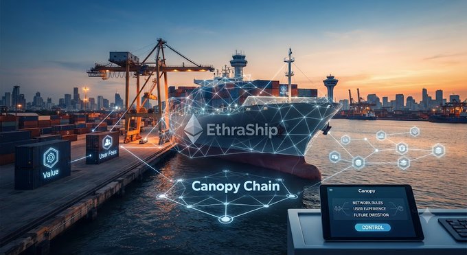 A conceptual image of a port with a cargo ship, overlaid with digital network graphics and text reading 'EthraShip', 'Canopy Chain', and a control panel showing 'NETWORK RULES LOGS & STATISTICS FUTURE DIRECTION'.