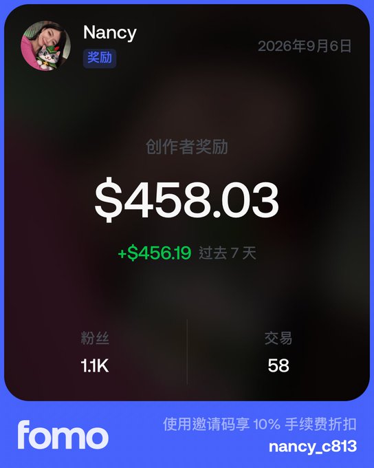 A screenshot from the fomo app showing a creator named Nancy earned $458.03 in the past 7 days, with 1.1K followers and 58 transactions, using the invite code 'nancy_c813'.