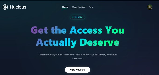 A dark-themed website landing page for Nucleus featuring the headline 'Get the Access You Actually Deserve' with navigation links for Home, Opportunities, and You, plus an 'IN BETA' badge.