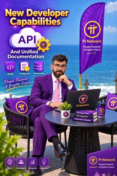 The image is a promotional graphic announcing Pi Network's new developer capabilities and unified documentation, featuring a man in a purple suit working on a laptop against a seaside backdrop, with a "Pi Network - People Powered A Brighter Future" flag and tags for "Build," "Integrate," and "Innovate" alongside the API cloud icon. It visually reinforces the post's message about Pi introducing enhanced tools for developers—including local storage support, app-specific staking data access, and file and video sharing—alongside newly released developer documentation.