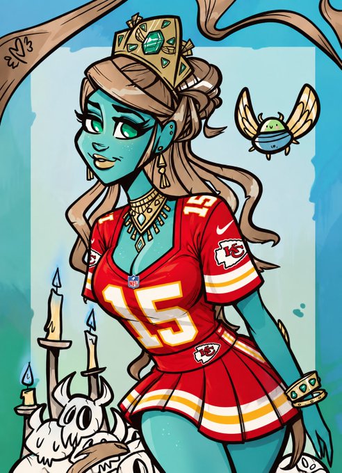 Stylized illustration of a green-skinned female character with a crown wearing a Kansas City Chiefs #15 jersey (red and yellow), with small whimsical creatures around her.