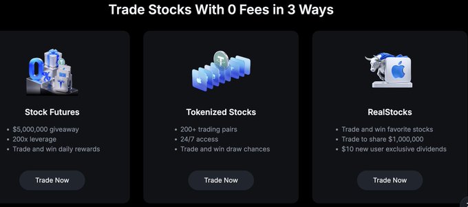 A promotional graphic titled "Trade Stocks With 0 Fees in 3 Ways" displays three product categories: Stock Futures (featuring a $5,000,000 giveaway, 200x leverage, and daily rewards), Tokenized Stocks (200+ trading pairs, 24/7 access, and draw chances), and RealStocks (share $1,000,000 prizes with $10 new user exclusive dividends), each with a "Trade Now" button. The image visually reinforces the post's warning that crypto-based stock products like RealStocks, Stock Futures, Tokenized Stocks, and Pre-IPO positions differ significantly in risk despite sharing similar ticker symbols.