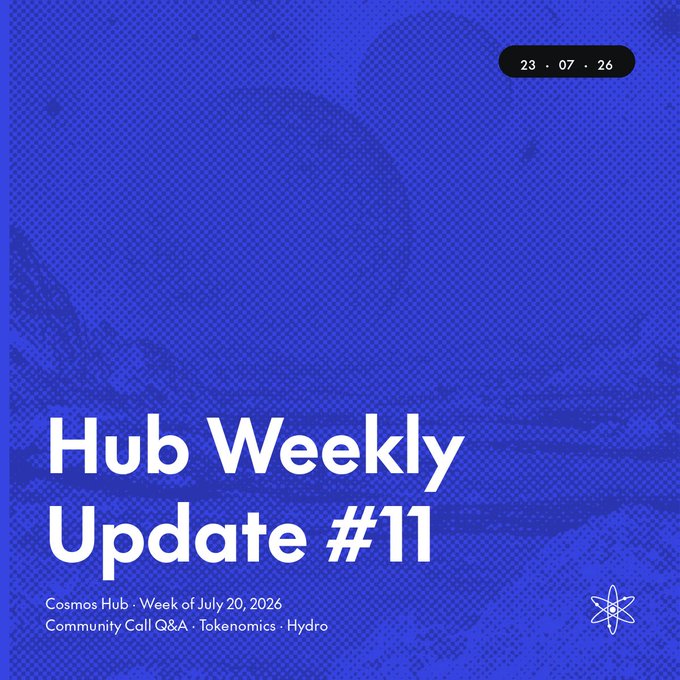 A blue graphic dated "23 · 07 · 26" titled "Hub Weekly Update #11" from Cosmos Hub, covering the week of July 20, 2026, highlighting the community call Q&A recap, tokenomics, and a CosmWasm upgrade—a fitting visual for the post's summary of key Cosmos Hub developments.