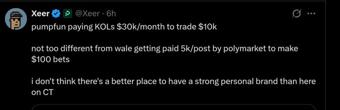 The image shows a tweet from Xeer (@Xeer) claiming that "pumpfun paying KOLs $30k/month to trade $10k" and comparing this to whales getting paid $5k/post by Polymarket for $100 bets, while emphasizing the value of having a strong personal brand on Crypto Twitter. The tweet directly relates to the accompanying critique by illustrating exactly the kind of incentive-driven KOL promotion that the author is frustrated with—where crypto influencers monetize their audiences by steering followers toward speculative platforms like Pumpfun and Polymarket for personal gain.
