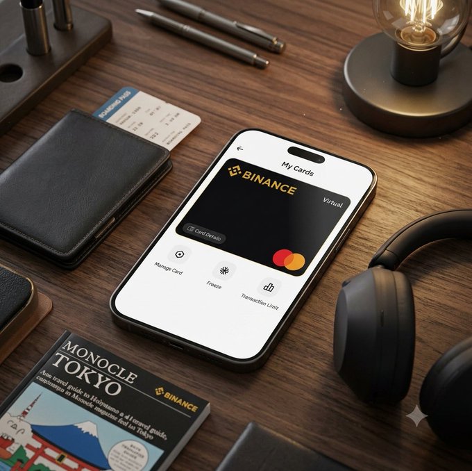 A smartphone displaying the Binance virtual card interface is shown on a wooden desk alongside a physical card, headphones, pens, and a travel guide for Tokyo, illustrating the user's experiment of linking their Binance Card to a digital wallet for everyday purchases like travel-related expenses.