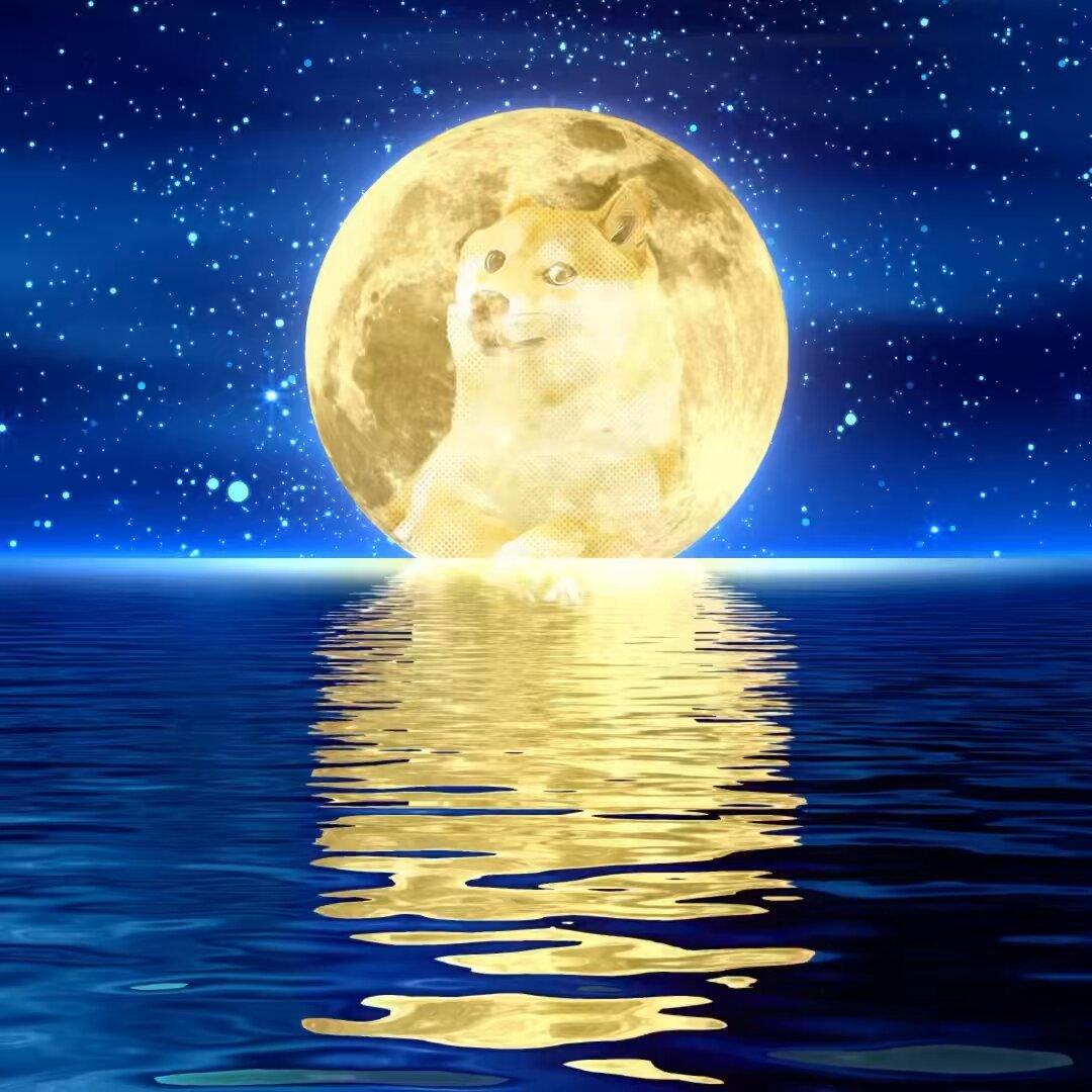 The image features a large full moon with a dog sitting on top of it, surrounded by water. The background includes stars and blue sky, creating an artistic and surreal scene. The caption for the image reads "$DOGE TO THE MOON GIVEAWAY Follow @doge100percent w/ Repost & Like! Reply $doge fam! 10X [1 entry/person ... = DQ #498." This suggests that the image is likely a meme or a social media post, with the dog being the main focus and the moon as an interesting element.