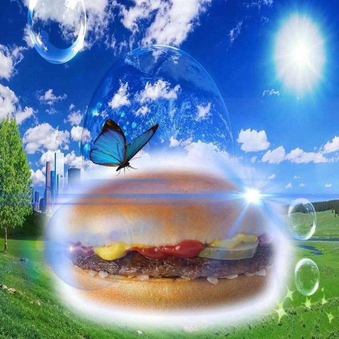 A surreal, dreamlike image features a hamburger with ketchup and mustard floating in a grassy field under a blue sky with clouds, bubbles, a butterfly, and a bright sunburst lens flare.