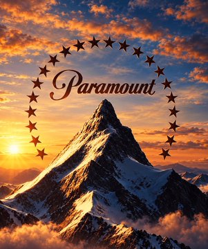 A snow-capped mountain peak at sunset with the Paramount logo and text overlaid on the sky.