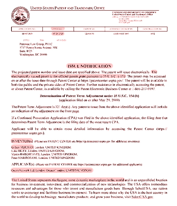 A United States Patent and Trademark Office (USPTO) issue notification document with key details highlighted in red, listing inventors from London, United Kingdom.