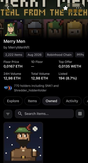 A mobile NFT collection page showing 'Merry Men by MerryMenNft' with 2,222 items on Robinhood Chain, displaying stats like 0.0167 ETH floor price, 12.98 ETH volume, and 770 holders, with pixel-art character thumbnails.