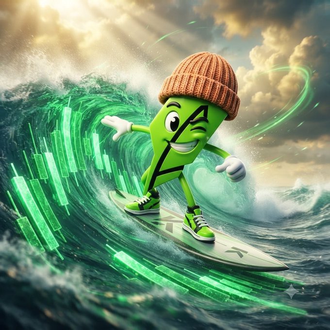 A cartoonish green letter 'Z' character wearing an orange beanie and sneakers surfs on a surfboard through a massive ocean wave with glowing green data streams.