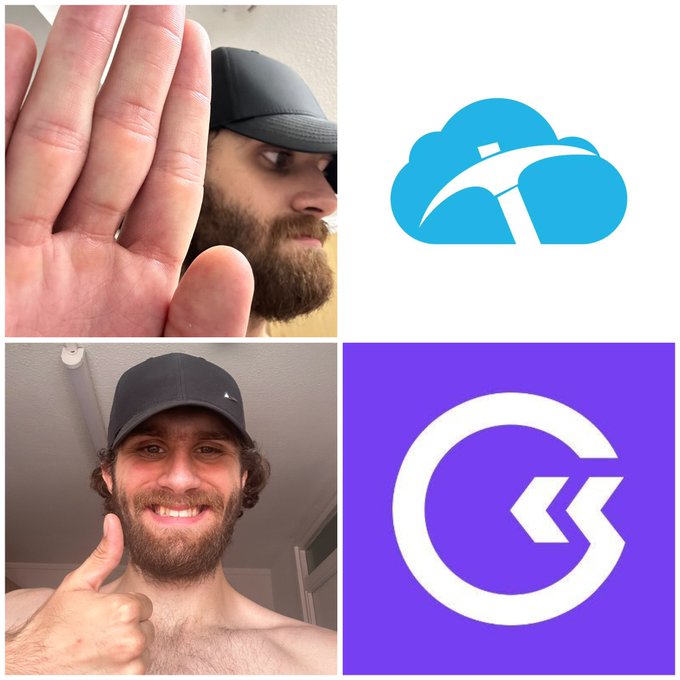 Four-panel collage featuring a bearded man in a black cap posing in two selfies alongside the OneDrive and Gatsby logos.