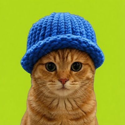 A close-up of an orange tabby kitten wearing a blue knitted beanie hat against a bright green background.
