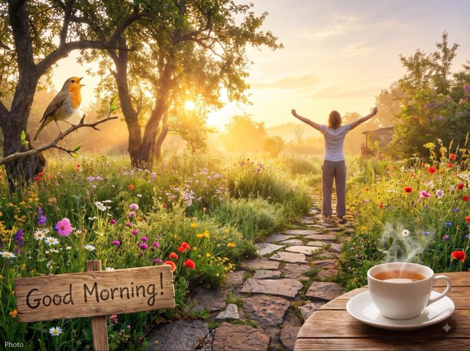 A woman stands with arms outstretched on a stone path through a sunlit meadow full of wildflowers, with a robin perched nearby, a steaming cup of coffee in the foreground, and a "Good Morning!" sign welcoming the day—capturing the peaceful start to a relaxing weekend the post wishes upon its readers.