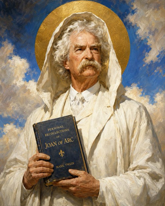 An oil painting-style portrait depicts an older man with a mustache and white hair, wearing a white hooded cloak with a golden halo, holding a blue book titled "PERSONAL RECOLLECTIONS OF JOAN OF ARC" by Mark Twain.