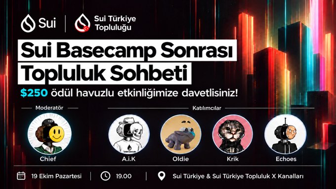 An event announcement graphic for a Turkish Sui Basecamp Community Chat on October 19th at 19:00, featuring $250 in prizes with a moderator 'Chief' and participants A.i.K, Oldie, Krik, and Echoes.