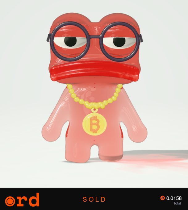 A red and pink duck-like figurine wearing round purple glasses and a gold Bitcoin necklace, shown with 'SOLD' and a total of 0.0158 ETH at the ord platform.