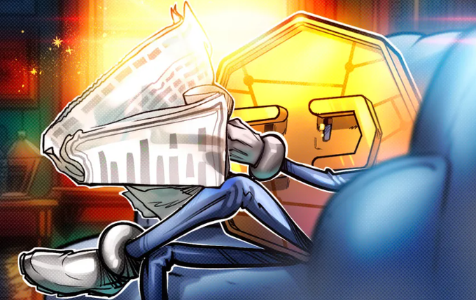 An illustrated character with a newspaper for a head sits on a blue couch reading against a vibrant yellow and orange background.