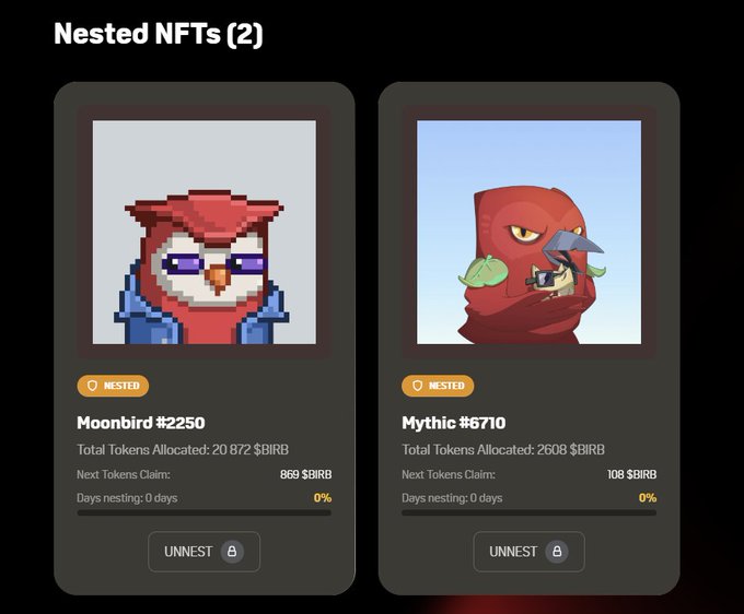 A screenshot of a digital wallet showing 'Nested NFTs (2)' including 'Moonbird #2250' and 'Mythic #6710' with token allocation details in $BIRB.