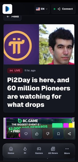 Pi Network app feed showing a live stream titled 'Pi2Day is here, and 60 million Pioneers are watching for what drops' posted 11 hours ago.