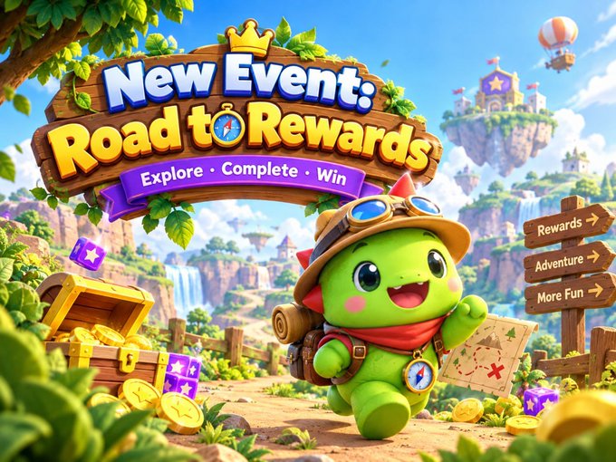 A colorful game event promotional banner titled 'New Event: Road to Rewards' features a cute green character wearing an explorer's hat and goggles, surrounded by treasure chests, gold coins, and a fantasy landscape.