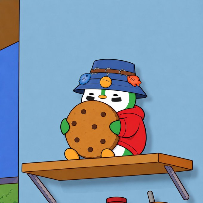 The image features a cartoon penguin wearing a blue hat, holding an oatmeal cookie in its beak while sitting on top of a shelf or countertop. The text "Lil Pudgy. Big appetite." appears below the penguin's head, suggesting that it is a character from a children's book series or comic strip.