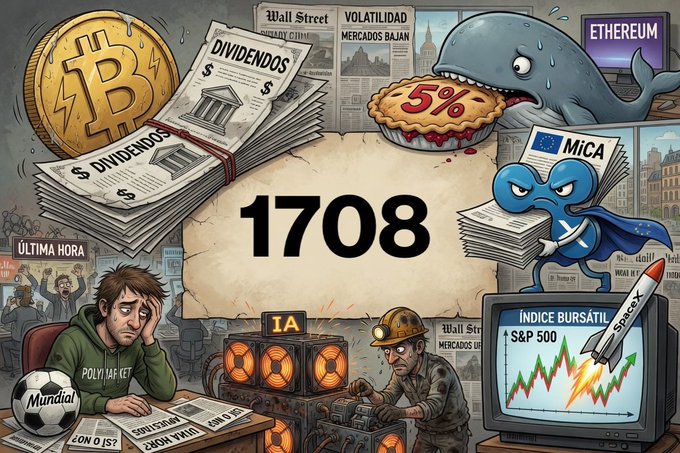 A cartoon-style market collage showing Bitcoin, 'Wall Street', 'VOLATILIDAD', 'ETHEREUM', 'MiCA', a whale, and stock index charts, with the number '1708' displayed prominently.