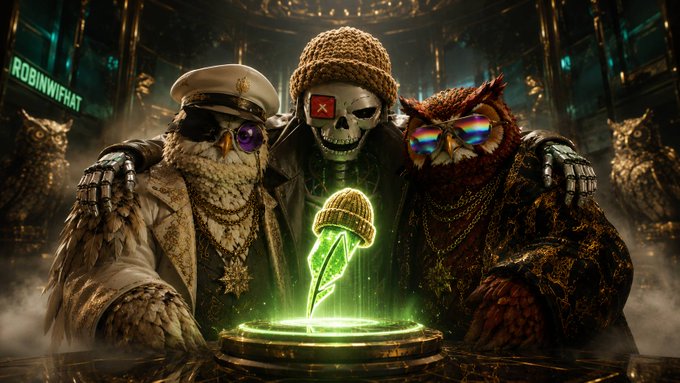 A skull wearing a beanie and orange sunglasses stands flanked by two ornately dressed owls, with the name "ROBINWIFHAT" displayed in green text in the upper left corner, while a glowing green beanie floats above a pedestal below—visually representing the $WIF community's branding referenced in the appreciation message.